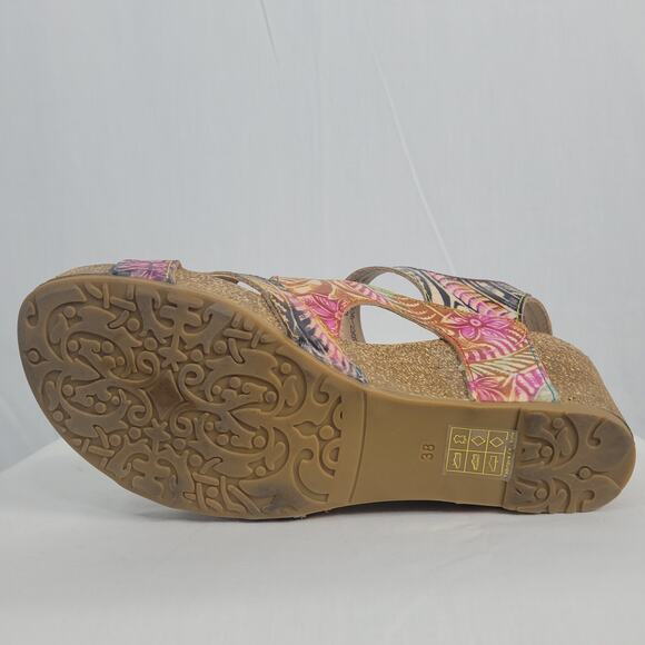 L'Artiste Bonvoyage Sandals size 38 Navy Multi Leather Hand Painted Floral Boho - Picture 10 of 13